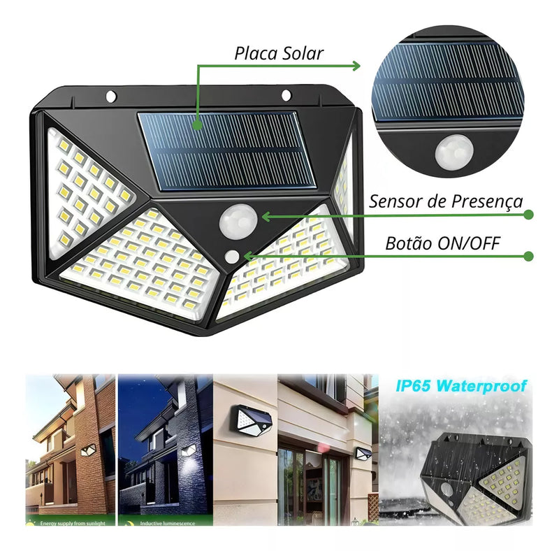 Luminária Solar com 100 LEDs - Sensor de Movimento e 3 Modos